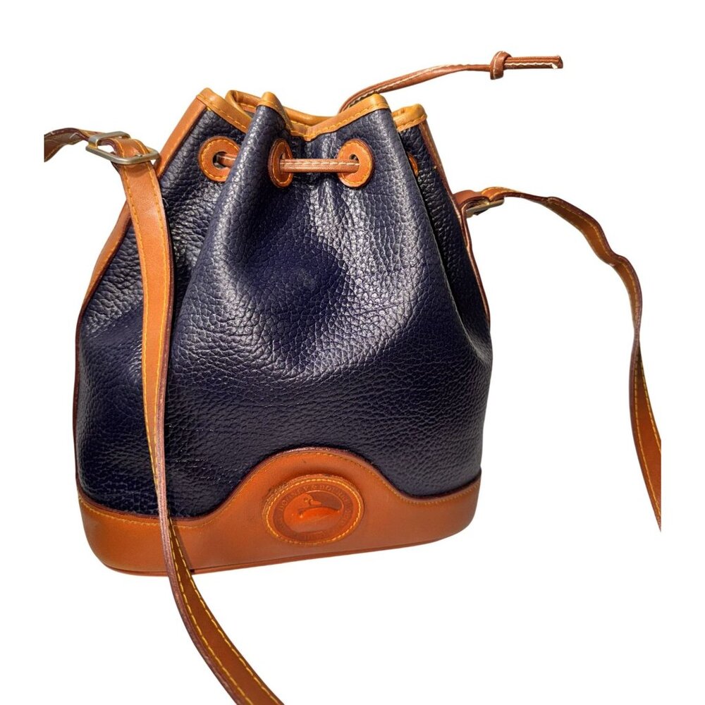 Dooney Bourke Drawstring Bucket Bag Pebbled Leather Navy blue Brown Medium - Picture 2 of 9